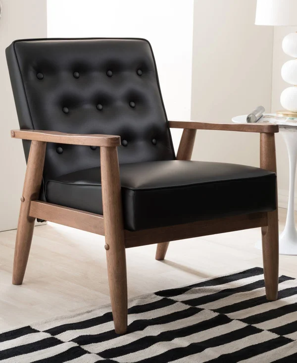 Baxton Studio Sorrento Mid-Century Black Faux Leather Lounge Chair