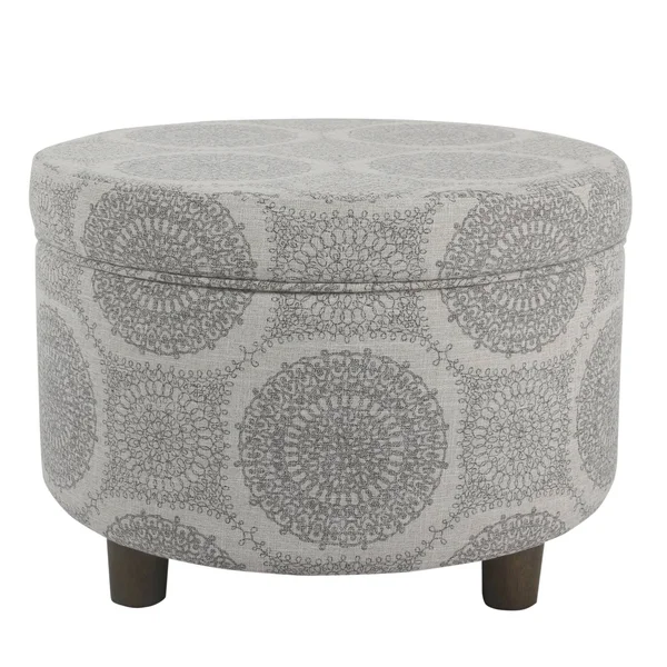 Benzara Wooden Ottoman with Medallion Patterned Fabric Upholstery and Hidden Storage Gray