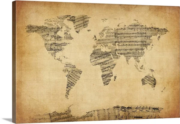 Map of The World Map from Old Sheet Music, Canvas Wall Art, 60x40, Great Big Canvas