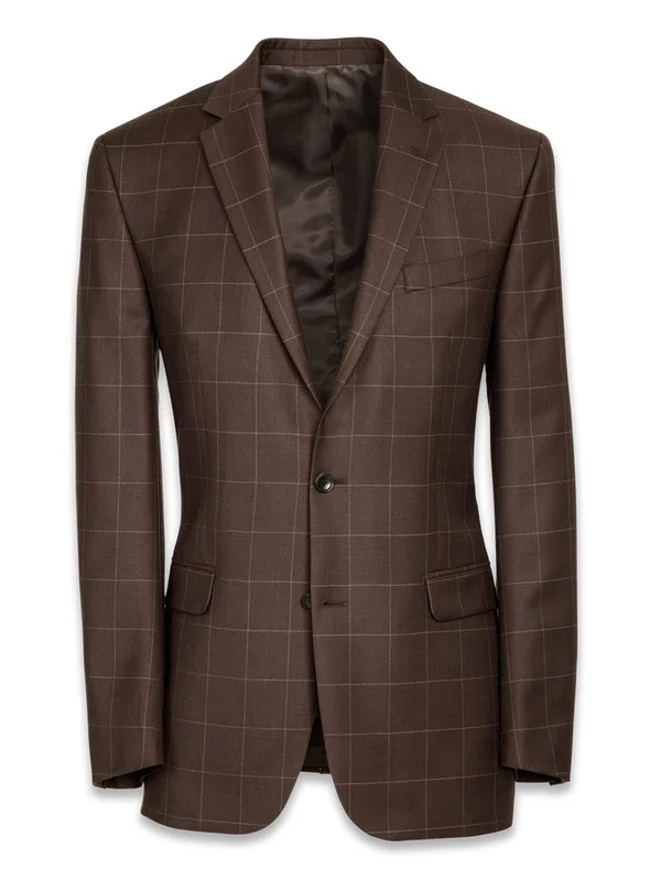 Men's Suit - Tailored Fit in Solid Brown Windowpane Wool, Paul Fredrick