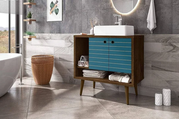 Manhattan Comfort 240BMC93 Liberty 31.49 Bathroom Vanity with Sink and 2 Shelves in Rustic Brown and Aqua Blue