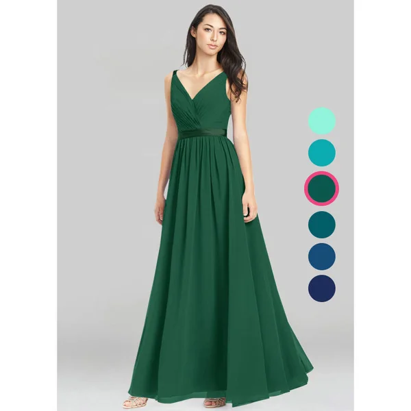 Azazie A-Line/Princess V-Neck Floor-Length Chiffon Bridesmaid Dresses - Dark Green