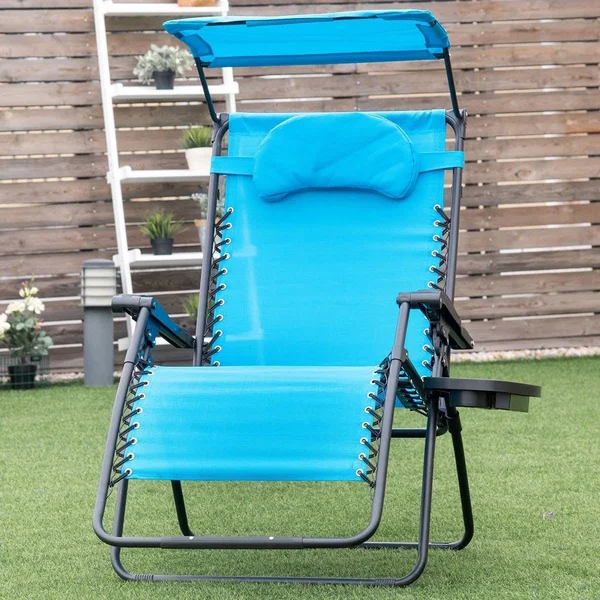 Folding Recliner Lounge Chair with Shade Canopy Cup Holder-Blue