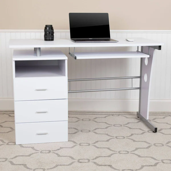Flash Furniture White Desk with Three Drawer Pedestal and Pull-Out Keyboard Tray, White/SIlver