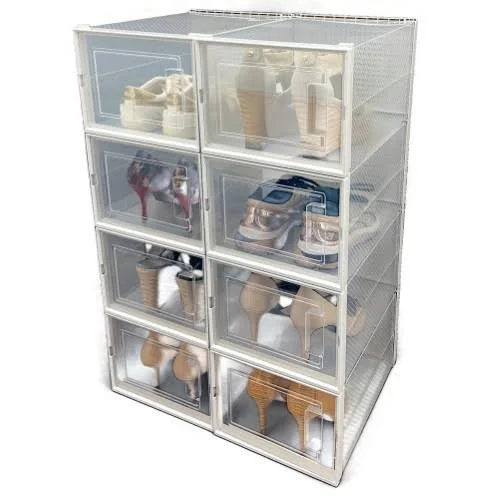 OnDisplay Clik Stackable Interlocking Shoe Box System (Medium Clear/White, Set of 8), 13.1" x 9" x 5.5"