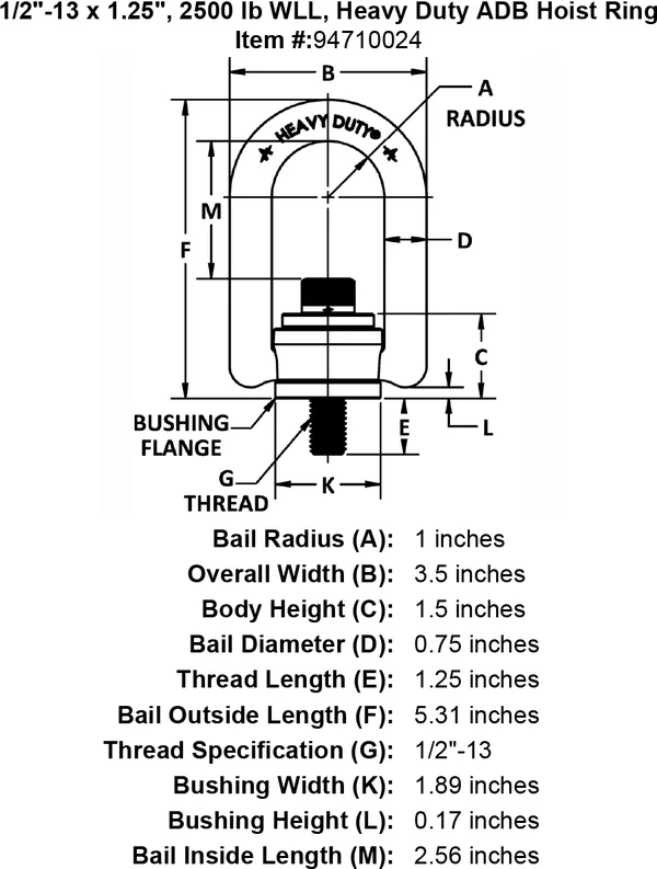1/2-13 x 1.25, 2500 lb WLL, Heavy Duty ADB Hoist Ring 33516