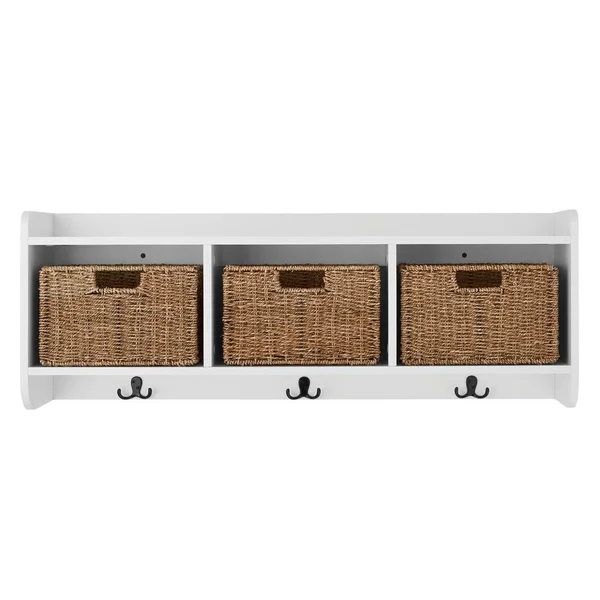 Home Decorators Collection 9.2 in. H x 40 in. W x 8.7 in. D White Wood Floating Decorative Cubby Wall Shelf with Hooks and Baske