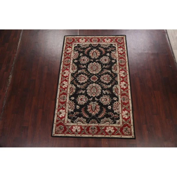 Black Traditional Floral Oriental Area Rug Hand-Tufted Wool Carpet 5x8 - Size: 5' x 8'