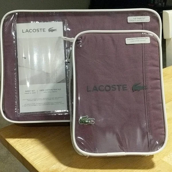 Lacoste 100% Cotton Percale Sheet Set, Solid, Plum, Full
