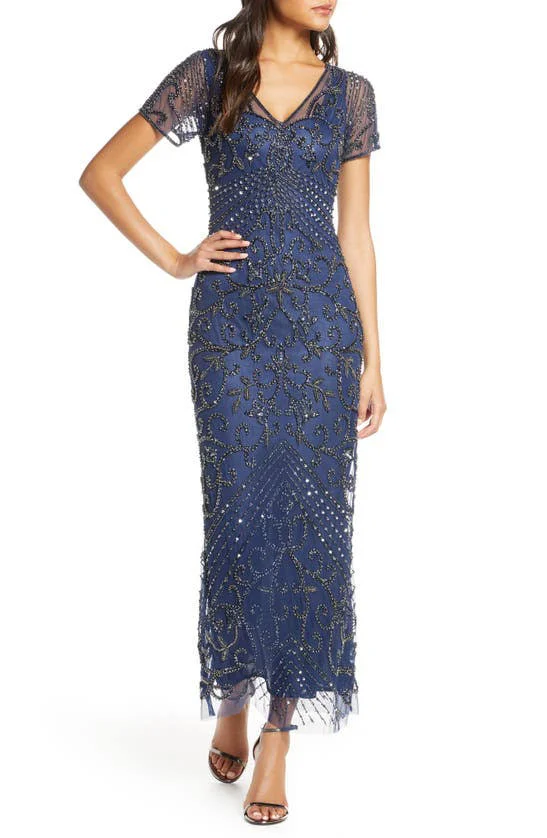 Pisarro Nights Beaded Mesh Column Gown Denim