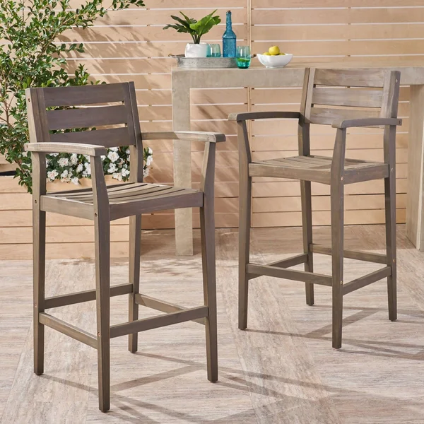 Noble House Outdoor Acacia Wood Barstool in Gray Finish - Set of 2