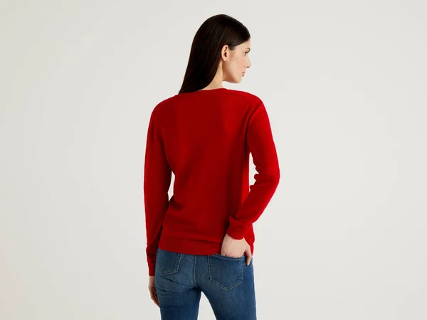 Benetton - Sweater with V-Neck in Pure Virgin Wool, Size S, Red, Women
