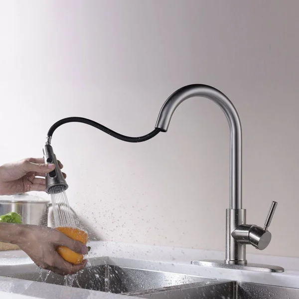 Kitchen Faucets with Pull Down Sprayer - Kablle Commercial Single Handle Brushed Nickel Kitchen Faucet - Single Level High Arch P