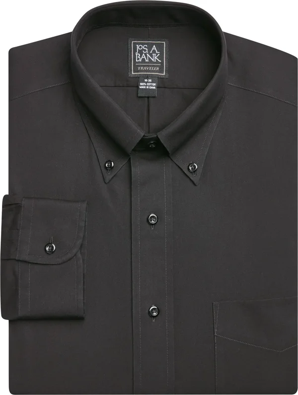 JoS. A. Bank Men's Traveler Collection Traditional Fit Button-Down Collar Dress Shirt - Big & Tall - Black, 16 1/2x36