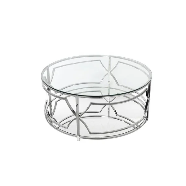 Pangea Home Edward Metal Round Coffee Table with Glass in Silver