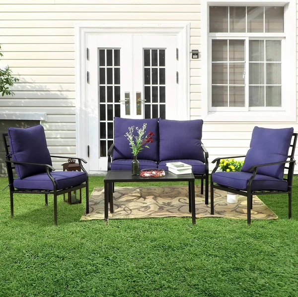 Phi Villa Metal 4 Piece Outdoor Patio Furniture Padded Conversation Set with 1 Loveseat, 2 Chairs, 1 Coffee Table & 4 Free P