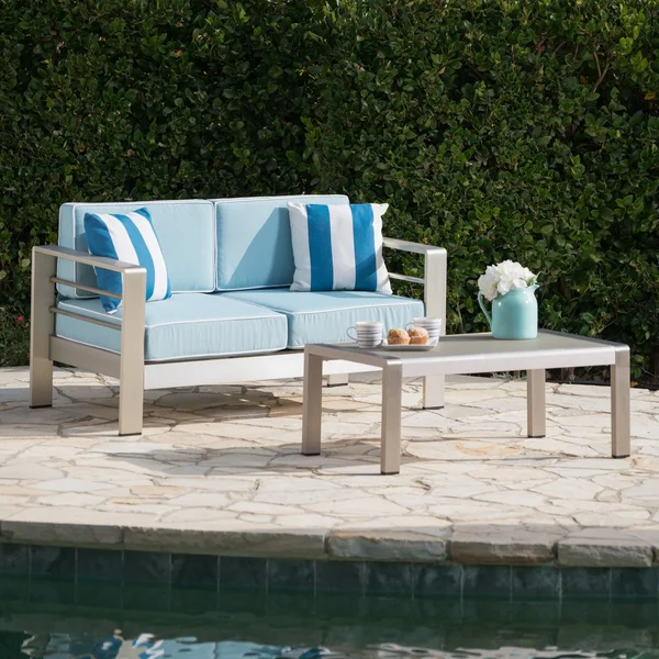 Cybele Doris Outdoor Silver Aluminum Loveseat and Coffee Table Set with Water Resistant Cushions, Light Teal
