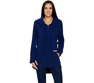 Denim & Co. Fleece Zip Front Long Sleeve Jacket with Hi-Low Hem, Size Small, Bright Navy