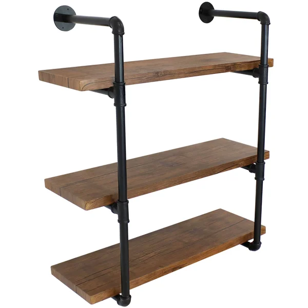 Sunnydaze Industrial Style 3-Tier Wall Bookshelf - Black Pipe Frame - Teak