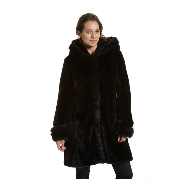 Excelled Women's Faux Fur Hooded 3/4 Length Coat (Black - Small)