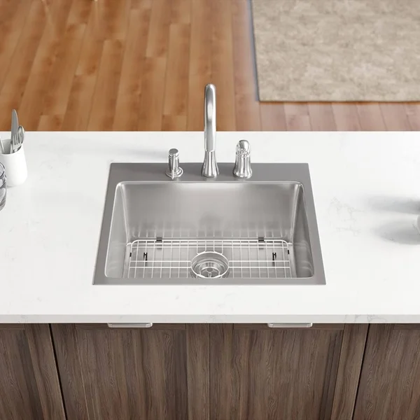 Rene R1-2015-18 Single Bowl Topmount 3/4x22 Radius Stainless Steel Kitchen Sink in 18-Gauge with Grid and Basket STRAINER