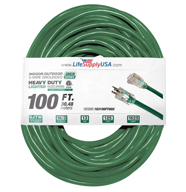 100 ft Extension Cord 16/3 SJTW with Lighted End - Green - Indoor, Outdoor Heavy Duty Extra Durability 13amp 125V 1625w ETL Lis