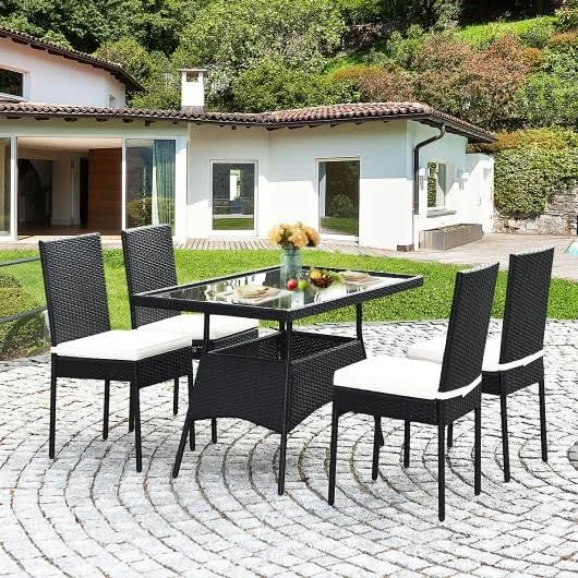 5 Pcs Outdaoor Patio Rattan Dining Set with Glass Top with Cushions