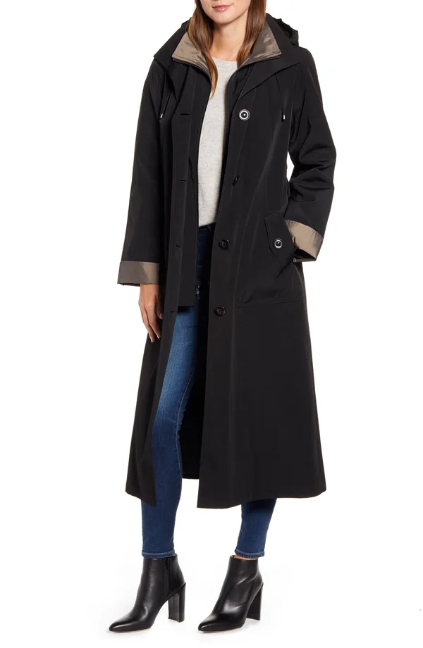Women's Gallery Full Length Two-Tone Silk Look Raincoat - Size Medium - Black