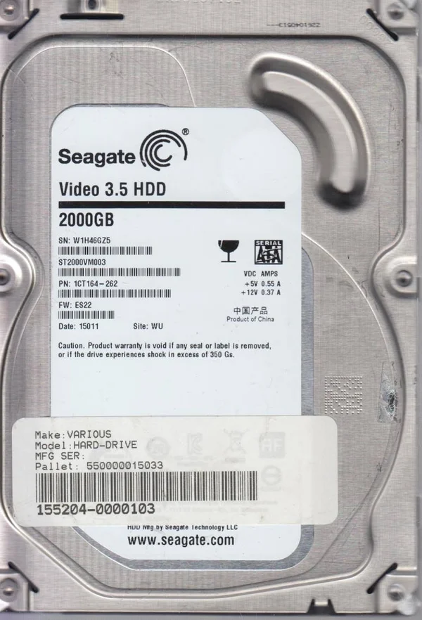 ST2000VM003, W1H, WU, PN 1CT164-262, FW ES22, Seagate 2TB SATA 3.5 Hard Drive