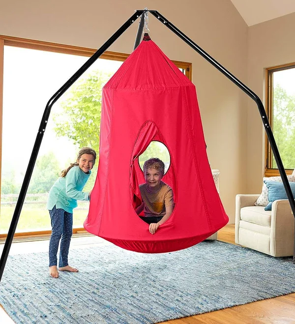 HearthSong HugglePod Hangout Hanging Tent and Family Hangout Steel Stand Set, Red