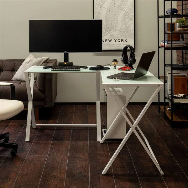 Walker Edison X-Frame Glass Metal L-Shaped Computer Desk-White/White