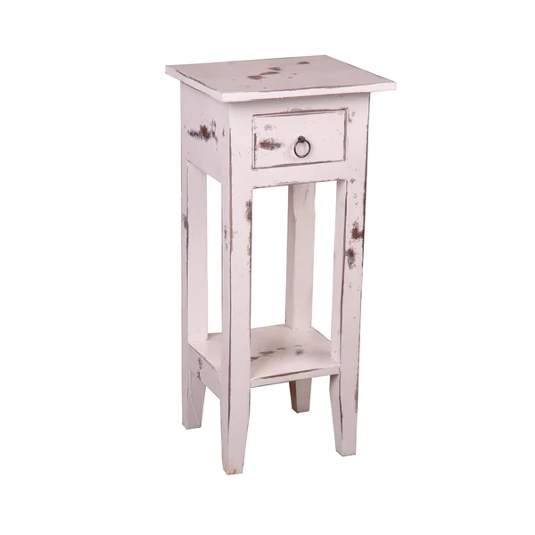 The Hamptons Collection 25.75x22 Heavy Distressed White Washed Narrow End Table with Metal Antique Brass Knob