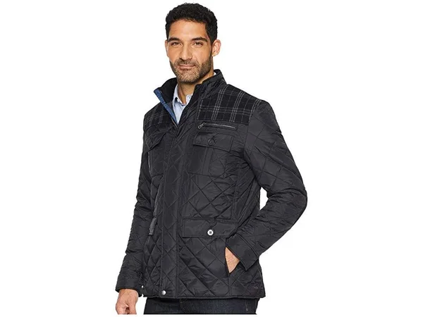 Cole Haan Quilted Plaid-Yoke Mixed-media Jacket, Black, Men's, Medium