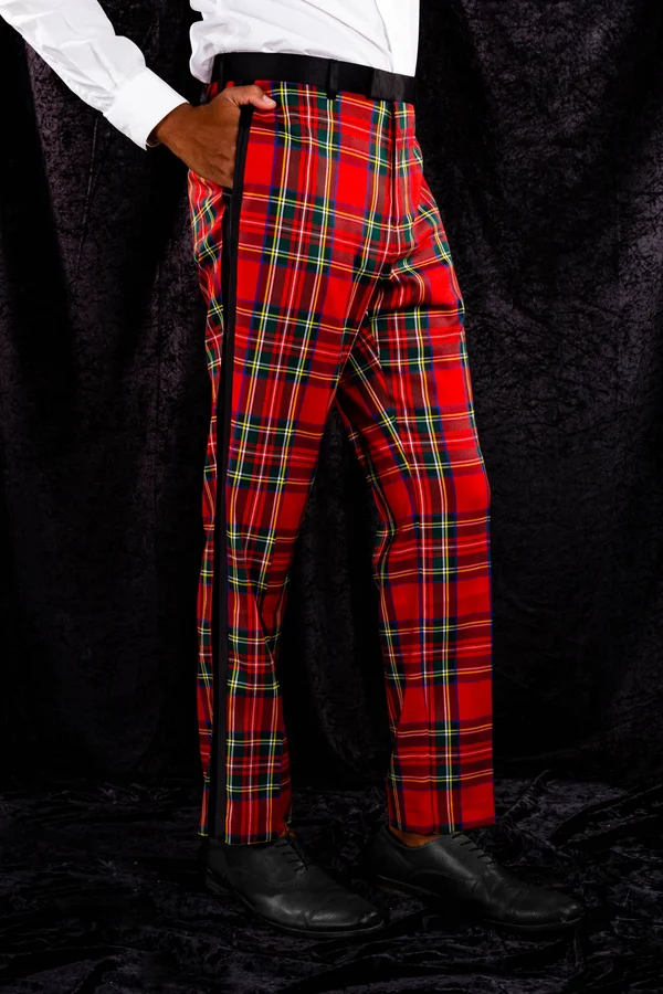 The Rockefeller, Tartan Plaid Tuxedo, Size 52, Black/Red, Shinesty