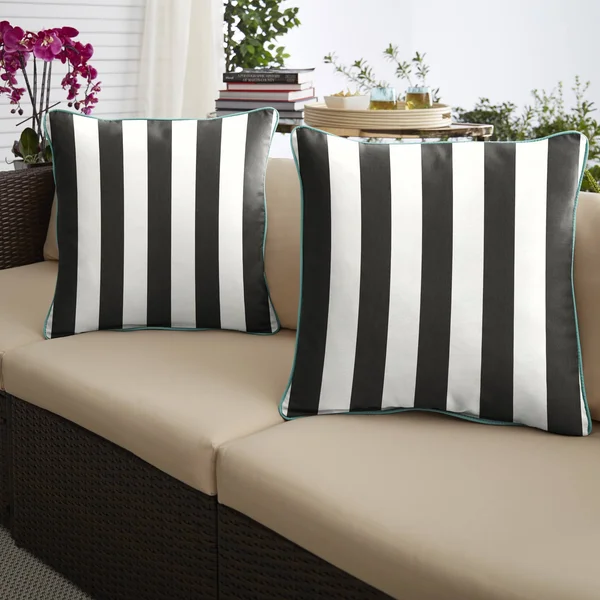 Set of 2 Black and White Cabana Classic Canvas Aruba Sunbrella Outdoor Square Pillows 18x22