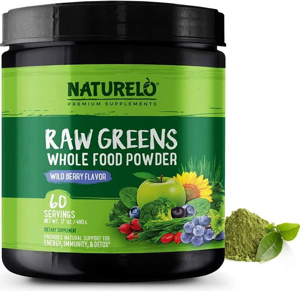 NATURELO Raw Greens Whole Food Powder Wild Berry Flavor - 60 Servings 480 G