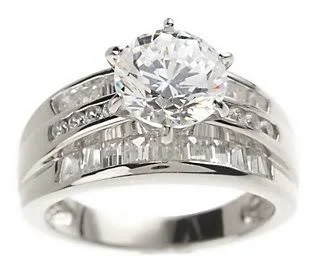 Diamonique Round & Baguette Ring, Sterling or14K Gold Clad, Size 9, Sterling Silver