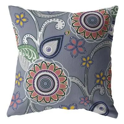 Flower Circles Suede Blown and Closed Pillow Orange, Light Green, Gray on Indigo Bungalow Rose Color: Blue/Green/Gray, Size: 16\