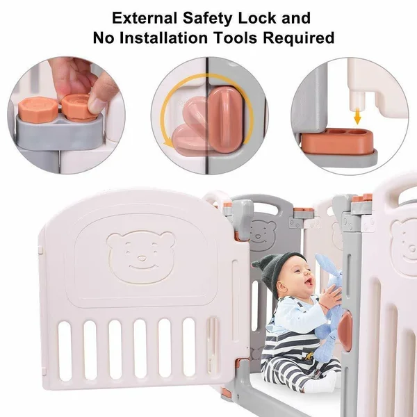 JOYMOR 14 Panels Foldable Baby Playpen BPA-Free Safety Play Yards Kids Activity Center with Locked Door Home Indoor Outdoor (Lit