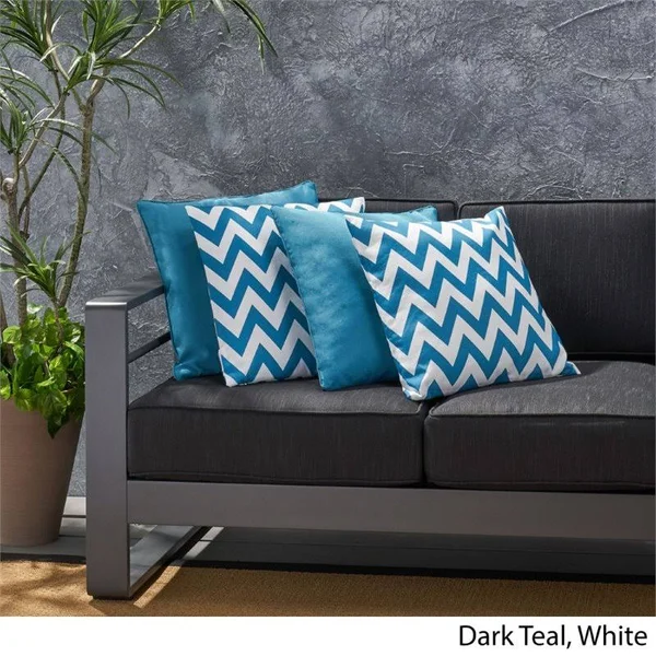 Greylin Outdoor Square Fabric Solid and Chevron Water Resistant Throw Pillows - Set of 4, Dark Teal, White