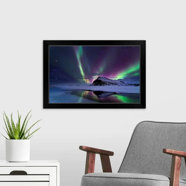 Northern Lights Reflection, Black Framed Wall Art, 24x16, Great Big Canvas