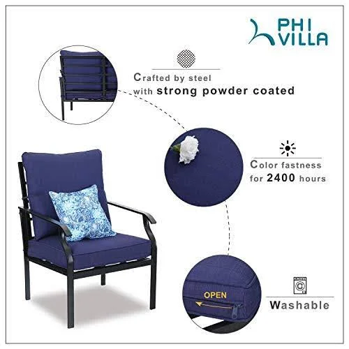 Phi Villa Metal 4 Piece Outdoor Patio Furniture Padded Conversation Set with 1 Loveseat, 2 Chairs, 1 Coffee Table & 4 Free P