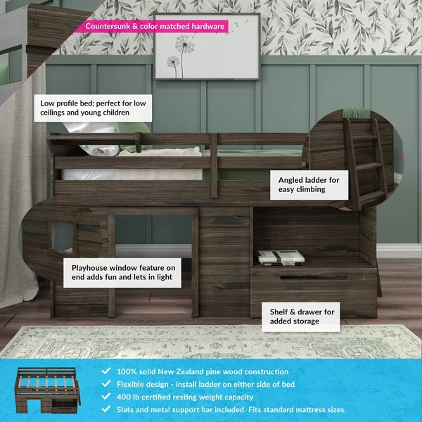 Max & Lily Modern Farmhouse Loft Bed with 1 Drawer, Twin, Espresso