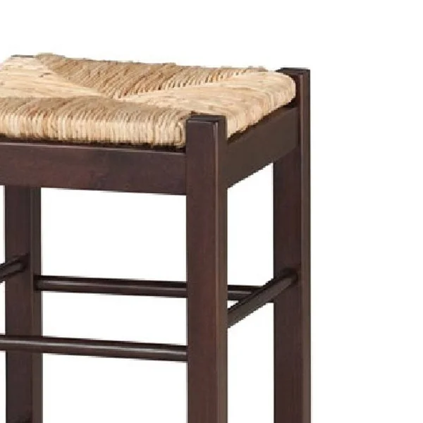 Rush Woven Wooden Frame Barstool with Saber Legs, Beige and Dark Brown