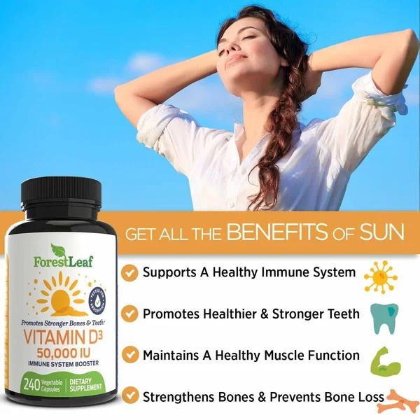Vitamin D3 50 - 000 IU Weekly Supplement - 240 Vegetable Capsules - for Bones, Teeth, Immune System and Muscle Function - by Fores
