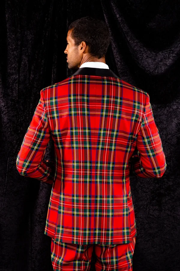 The Rockefeller, Tartan Plaid Tuxedo, Size 52, Black/Red, Shinesty