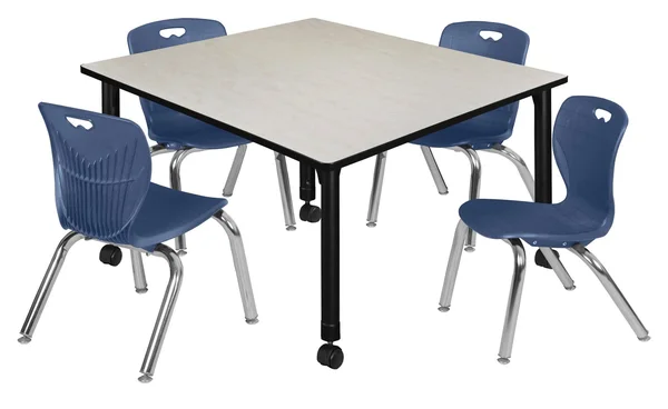 Regency Kee 48x22 Square Height Adjustable Mobile Classroom Table - Maple & 4 4 Andy 12-in Stack Chairs- Navy Blue