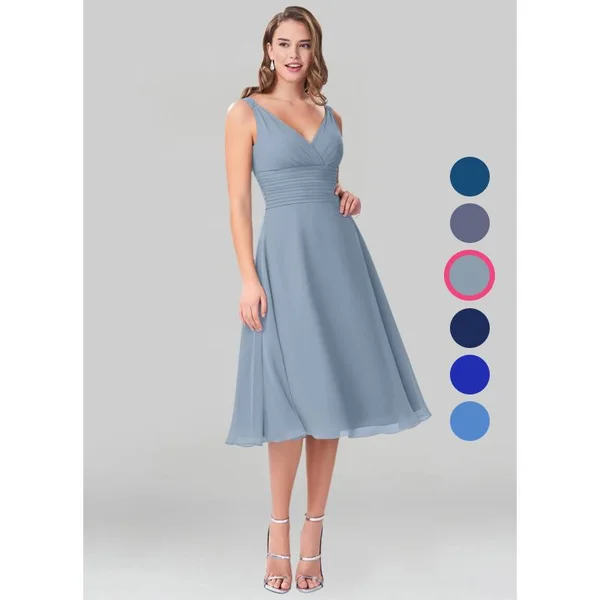 Azazie A-Line/Princess V-Neck Tea-Length Chiffon Bridesmaid Dresses - Dusty Blue