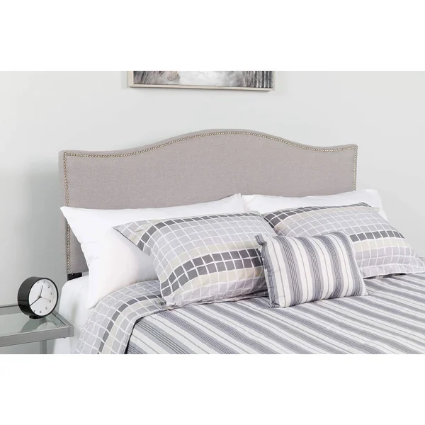 Lexington Upholstered Queen Size Headboard - Accent Nail Trim, Light Gray Fabric