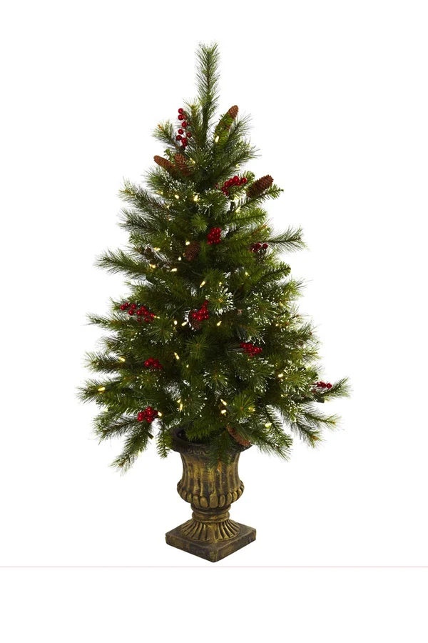 Nearly Natural 4& Christmas Tree W-berries - Pine Cones, LED Lights & Decorative Urn